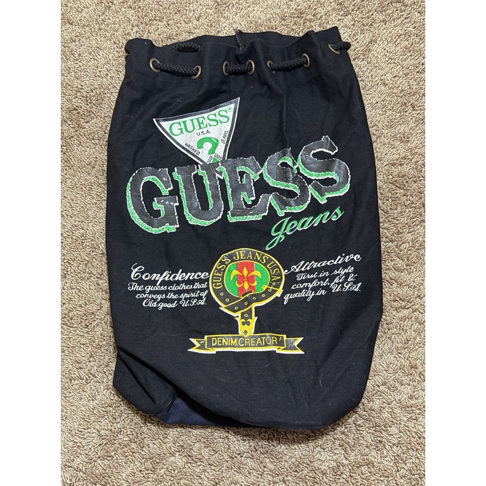 : VTG 90s Guess Jeans Canvas Drawstring Duffle Bucket Bag Black Green